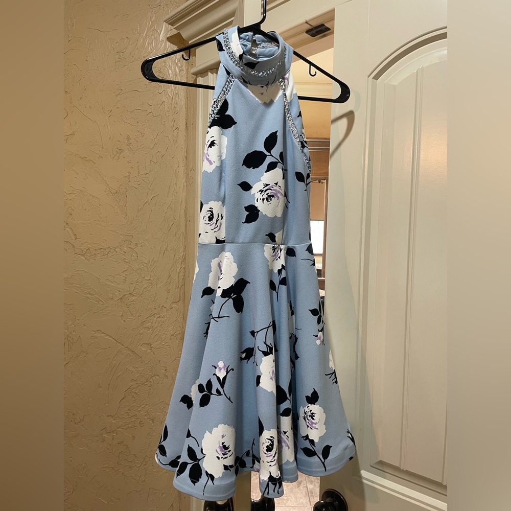 B Darlin Blue and Black Halter Fit and Flare Dress - size 1/2.